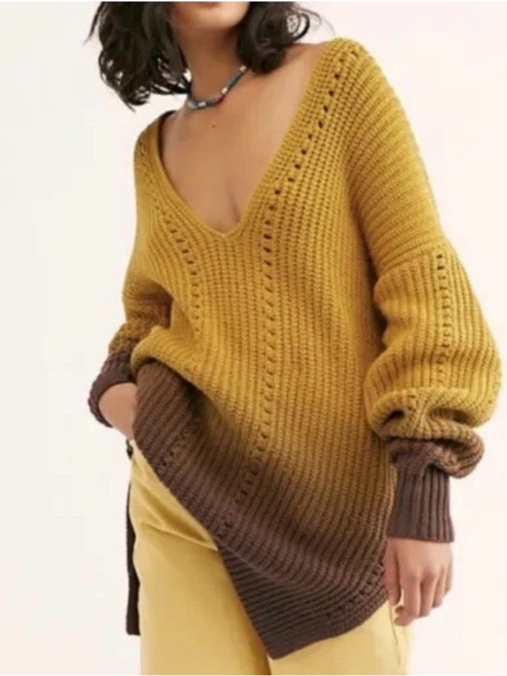 Free people Women's V-Neck Ombre Chunky Knit Sweater in Mustard and Brown